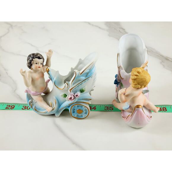 Putti Cherub Shoe Cart Porcelain Bisque 4" Figurine Blue Pink Home Decor x2 - Picture 16 of 16